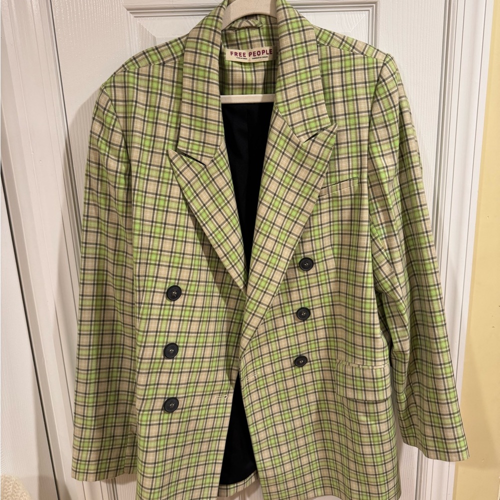 Free People Green Checkered Blazer